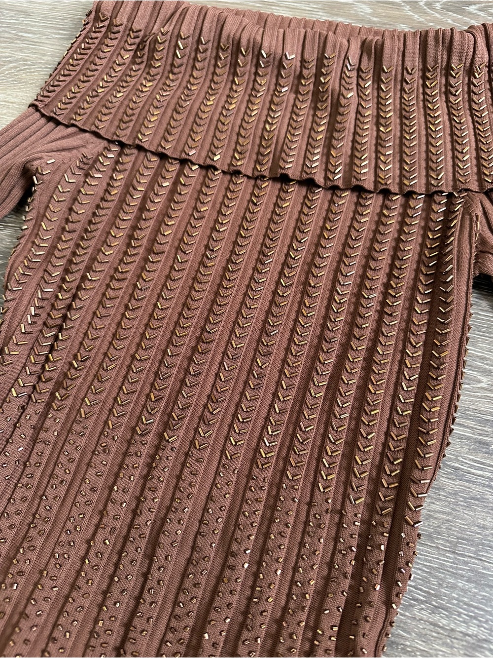Caché Off The Shoulder Beaded Ribbed Knit Sweater Brown Medium Y2K Coquette - Picture 2 of 8